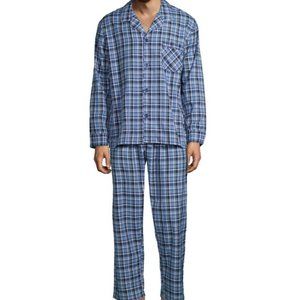 NWT Hanes Men's Woven Plain-Weave Pajama Set Size S Blue Black Plaid